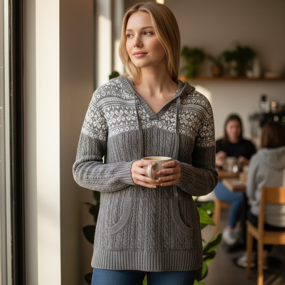 Fashion Bug Gray Fair Isle Cable Knit Hoodie Sweater V-Neck Medium /#26887